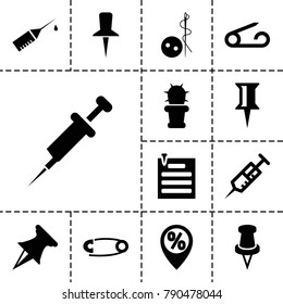 Needle icons. set of 13 editable filled needle icons such as pin, needle button, syringe, injection rash, cactus, paper pin