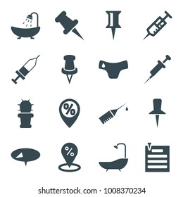 Needle icons. set of 16 editable filled needle icons such as children panties, shower, pin, sale location, syringe, injection, injection rash, cactus