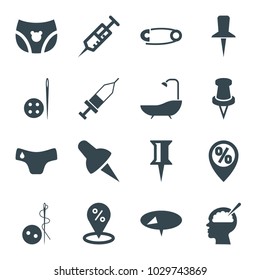 Needle icons. set of 16 editable filled needle icons such as children panties, needle button, pin, sale location, syringe, injection, shower