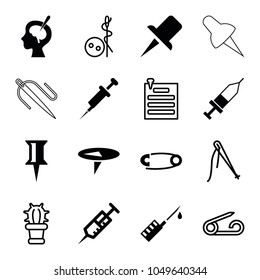 Needle icons. set of 16 editable filled and outline needle icons such as pin, syringe, brain surgery, injection, needle button, sewing, cactus, paper pin