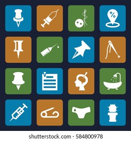 needle icons set. Set of 16 needle filled icons such as pin, children panties, needle button, shower, syringe, brain surgery, injection, injection rash, cactus, paper pin