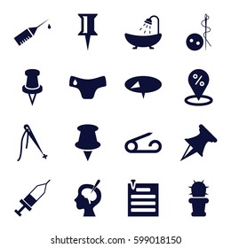 needle icons set. Set of 16 needle filled icons such as pin, children panties, needle button, shower, brain surgery, injection, injection rash, cactus, paper pin, sewing