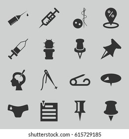 Needle icons set. set of 16 needle filled icons such as pin, children panties, needle button, syringe, brain surgery, injection, injection rash, cactus, paper pin, sewing
