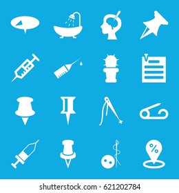 Needle icons set. set of 16 needle filled icons such as pin, needle button, shower, syringe, brain surgery, injection, injection rash, cactus, paper pin, sewing