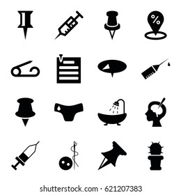Needle icons set. set of 16 needle filled icons such as pin, children panties, needle button, shower, syringe, brain surgery, injection, injection rash, cactus, paper pin