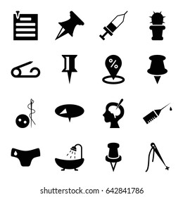 Needle icons set. set of 16 needle filled icons such as pin, children panties, needle button, shower, brain surgery, injection, injection rash, cactus, paper pin, sewing