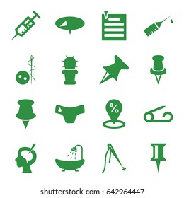 Needle icons set. set of 16 needle filled icons such as pin, children panties, needle button, shower, syringe, brain surgery, injection rash, cactus, paper pin, sewing