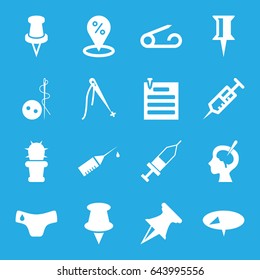 Needle icons set. set of 16 needle filled icons such as pin, children panties, needle button, syringe, brain surgery, injection, injection rash, cactus, paper pin, sewing