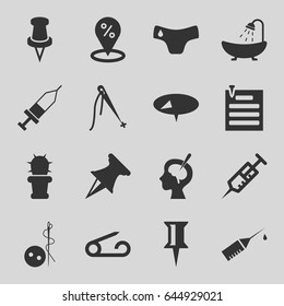 Needle icons set. set of 16 needle filled icons such as pin, children panties, needle button, shower, syringe, brain surgery, injection, injection rash, cactus, paper pin