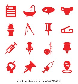 Needle icons set. set of 16 needle filled icons such as pin, children panties, needle button, shower, syringe, brain surgery, injection, cactus, paper pin, sewing