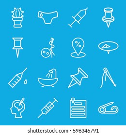 needle icons set. Set of 16 needle outline icons such as pin, children panties, needle button, shower, syringe, brain surgery, injection, injection rash, cactus, paper pin