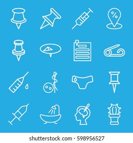 needle icons set. Set of 16 needle outline icons such as pin, children panties, needle button, shower, syringe, brain surgery, injection, injection rash, cactus, paper pin