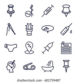 needle icons set. Set of 16 needle outline icons such as pin, children panties, needle button, shower, syringe, brain surgery, injection, injection rash, cactus, paper pin