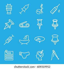 Needle icons set. set of 16 needle outline icons such as pin, children panties, needle button, shower, syringe, brain surgery, injection, injection rash, cactus, paper pin