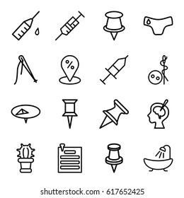 Needle icons set. set of 16 needle outline icons such as children panties, needle button, shower, pin, syringe, brain surgery, injection, injection rash, cactus, paper pin