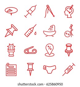 Needle icons set. set of 16 needle outline icons such as pin, children panties, needle button, shower, syringe, brain surgery, injection, injection rash, cactus, paper pin