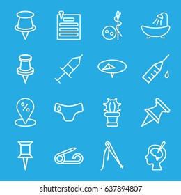 Needle icons set. set of 16 needle outline icons such as pin, children panties, needle button, shower, brain surgery, injection, injection rash, cactus, paper pin