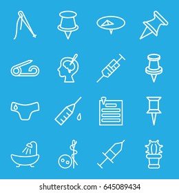 Needle icons set. set of 16 needle outline icons such as pin, children panties, needle button, shower, syringe, brain surgery, injection, injection rash, cactus, paper pin