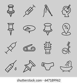 Needle icons set. set of 16 needle outline icons such as pin, children panties, needle button, shower, syringe, brain surgery, injection 