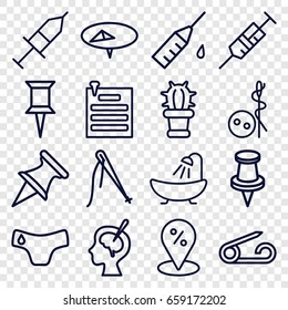 Needle icons set. set of 16 needle outline icons such as pin, children panties, needle button, shower, syringe, brain surgery, injection, injection rash, cactus, paper pin