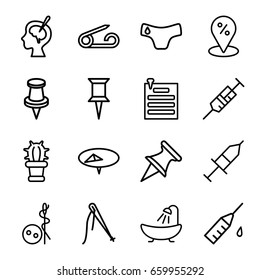 Needle icons set. set of 16 needle outline icons such as pin, children panties, needle button, shower, syringe, brain surgery, injection, injection rash, cactus, paper pin