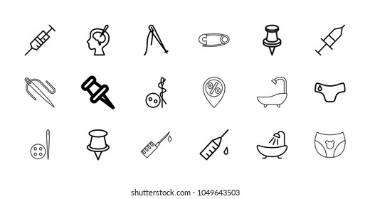 Needle icons. set of 18 editable outline needle icons: children panties, needle button, shower, pin, sewing, syringe, brain surgery, injection, injection rash
