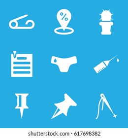 Needle icons set. set of 9 needle filled icons such as pin, children panties, injection rash, cactus, paper pin, sewing