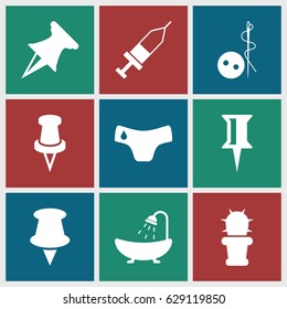 Needle icons set. set of 9 needle filled icons such as children panties, needle button, shower, pin, injection