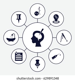 Needle icons set. set of 9 needle filled icons such as needle button, shower, pin, brain surgery, injection rash, paper pin, sewing