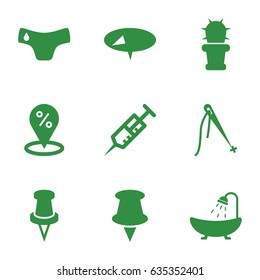 Needle icons set. set of 9 needle filled icons such as children panties, shower, syringe, pin, cactus, sewing