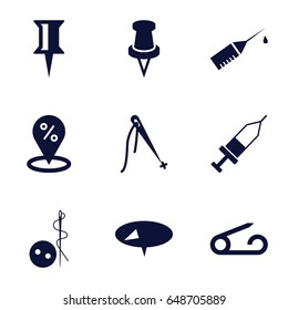 Needle icons set. set of 9 needle filled icons such as pin, needle button, injection, injection rash, sewing