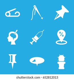 Needle icons set. set of 9 needle filled icons such as pin, brain surgery, injection, cactus, sewing