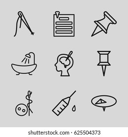 Needle icons set. set of 9 needle outline icons such as needle button, shower, pin, brain surgery, injection rash, paper pin