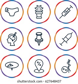 Needle icons set. set of 9 needle outline icons such as children panties, needle button, syringe, pin, brain surgery, injection, cactus