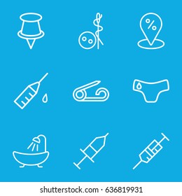 Needle icons set. set of 9 needle outline icons such as pin, children panties, needle button, shower, syringe, injection, injection rash