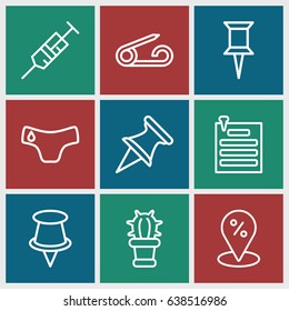 Needle icons set. set of 9 needle outline icons such as pin, children panties, syringe, cactus, paper pin