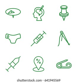 Needle icons set. set of 9 outline icons such as pin, children panties, syringe, brain surgery, injection, sale location