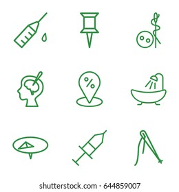 Needle icons set. set of 9 needle outline icons such as needle button, shower, pin, brain surgery, injection, injection rash, sale location