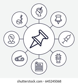 Needle icons set. set of 9 needle outline icons such as pin, needle button, brain surgery, injection, cactus, paper pin