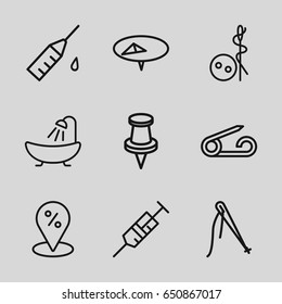 Needle icons set. set of 9 needle outline icons such as pin, needle button, shower, syringe, injection rash, sale location