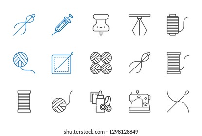 needle icons set. Collection of needle with sewing machine, handcraft, wool ball, thread, sewing, wool balls, hook, pushpin, syringe. Editable and scalable needle icons.