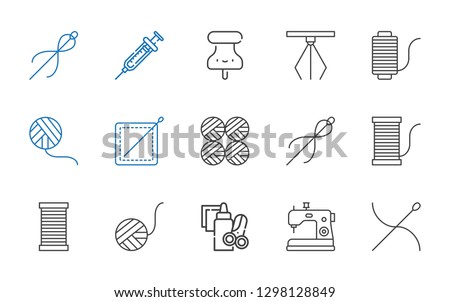 needle icons set. Collection of needle with sewing machine, handcraft, wool ball, thread, sewing, wool balls, hook, pushpin, syringe. Editable and scalable needle icons.