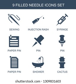 needle icons. Trendy 9 needle icons. Contain icons such as sewing, injection rash, syringe, paper pin, pin, shower, cactus. needle icon for web and mobile.
