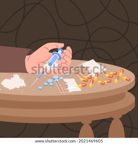 needle injection, pills is harmful in the use of a drug Drug narcotics cocaine abuse vector illustration