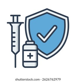Needle and medicine with shield flat icon, representing medical security, medical insurance, protection, and healthcare safety