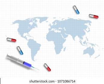 Needle and medicines on world map background represent medical and health care concept. Technology Background. Vector Illustration.
