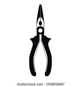 Needle nose pliers, black silhouette. Electrician, construction worker, repairman hand work tool, vector illustration isolated on white background. Bending, shaping, cutting wire tool.