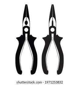 Needle nose pliers black silhouettes. Electrician, construction worker, repairman hand tool, vector illustration. Highly versatile tool for bending, shaping, cutting wire. Diagonal cutters, both sides