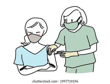 Needle Phobia Woman Getting A Shot Of Vaccine. Healthcare Worker With Face Mask Giving Needle Phobia Woman A Vaccine Jab. People Getting Vaccine. Woman Feeling Uneasy While Taking An Injection.