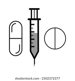 Needle, pill and capsule medicine icon in grey scale isolated on white background.